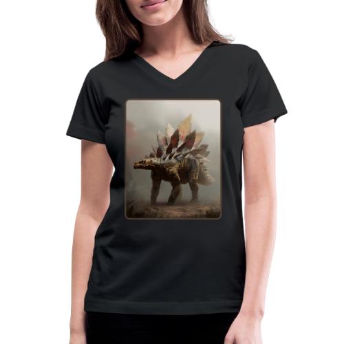 Stegosaurus Misty Forest Design - Women's V-Neck T-Shirt