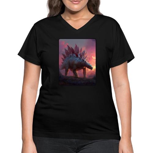 Stegosaurus Sunset Forest Design - Women's V-Neck T-Shirt