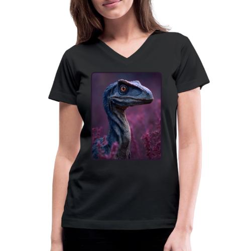 Blue Velociraptor Portrait Design - Women's V-Neck T-Shirt