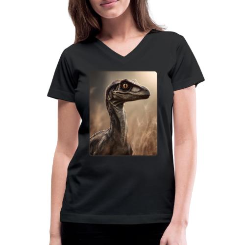 Velociraptor Feathered Portrait Design - Women's V-Neck T-Shirt