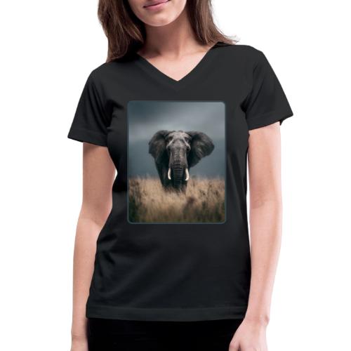 Majestic African Elephant Portrait Design - Women's V-Neck T-Shirt