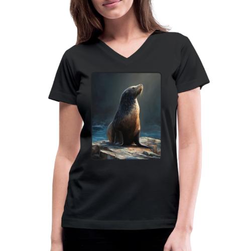 Fur Seal Artistic Shore Portrait Design - Women's V-Neck T-Shirt