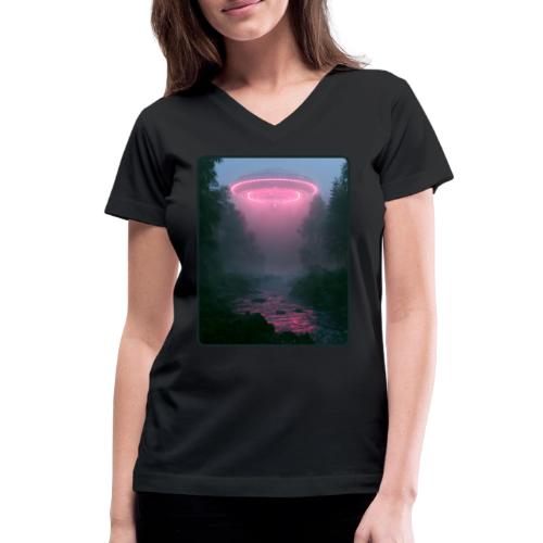 Neon UFO Forest River Design - Women's V-Neck T-Shirt