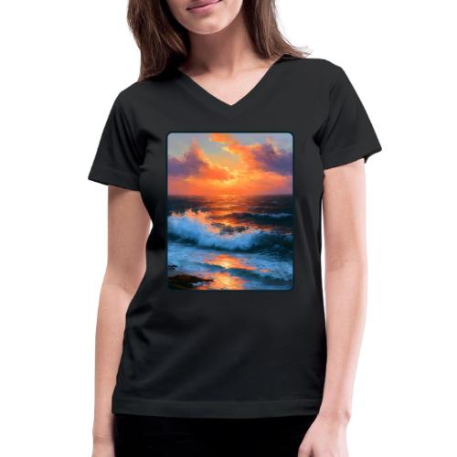 Sunset Storm Waves Oil Painting - Women's V-Neck T-Shirt