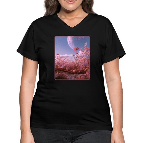 Cosmic Moon & Cosmos Flowers Art - Women's V-Neck T-Shirt