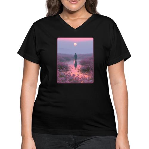Ethereal Sunset Flower Field Art - Women's V-Neck T-Shirt