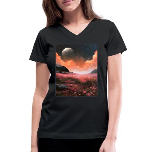Moonlit Fantasy Flower Landscape - Women's V-Neck T-Shirt