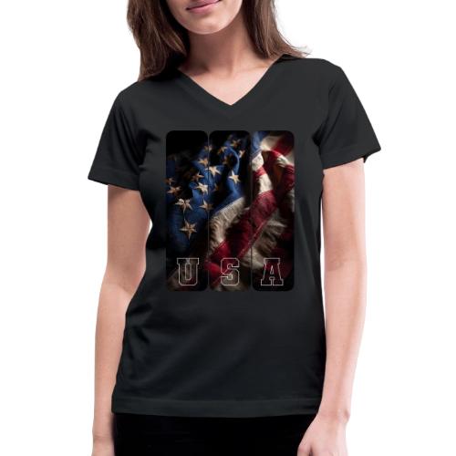 USA: Worn Stars and Stripes - Women's V-Neck T-Shirt