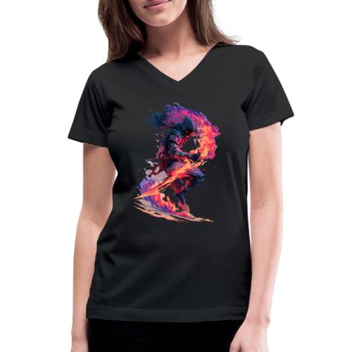 Flaming Ninja Warrior Fantasy Design - Women's V-Neck T-Shirt