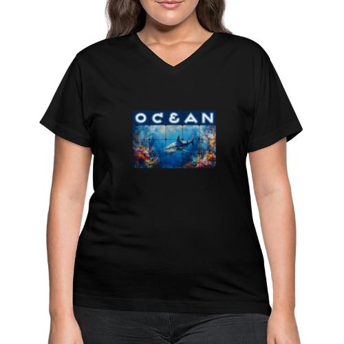 Ocean: Synthwave Shark - Women's V-Neck T-Shirt
