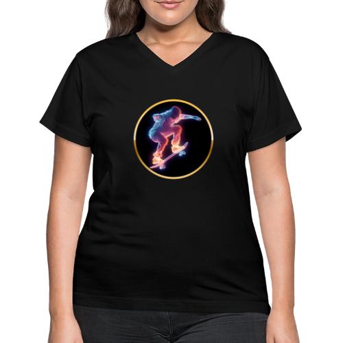 Skateboarding: Neon Skate Orbit - Women's V-Neck T-Shirt