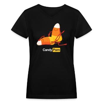 Candy Porn Corn Pun Porno Star Funny Halloween - Women's V-Neck T-Shirt - black - Front - Julia (174cm)