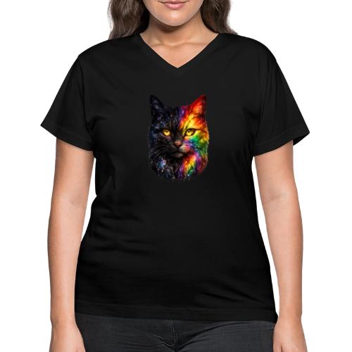 Cosmic Galaxy Rainbow Cat - Women's V-Neck T-Shirt