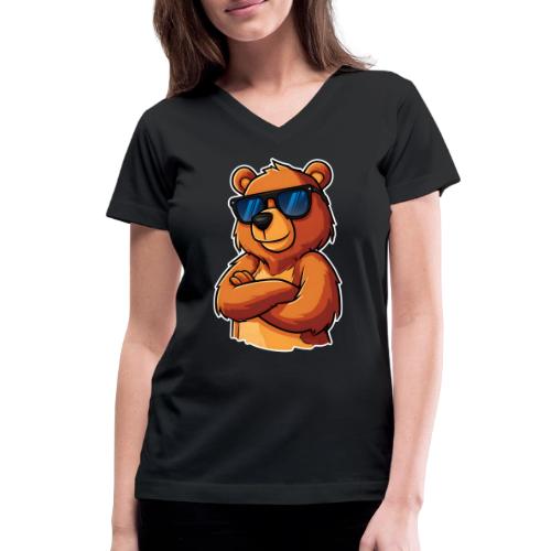Cool Bear Sunglasses Cartoon Design - Women's V-Neck T-Shirt