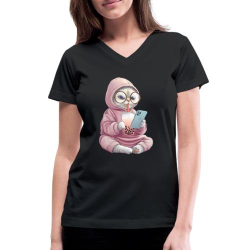 Cool Cat Bubble Tea Cartoon Design - Women's V-Neck T-Shirt