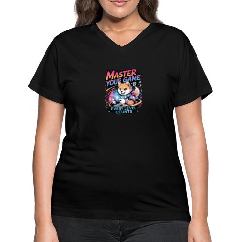 Cute Gamer Shiba Inu Level Up - Women's V-Neck T-Shirt