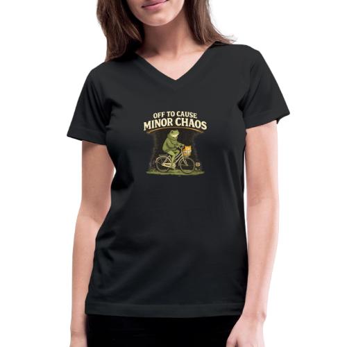 Minor Chaos Vintage Frog and Cat on Bicycle - Women's V-Neck T-Shirt