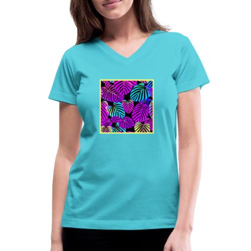 NeonLeaf Harmony Vibrant Pattern - Women's V-Neck T-Shirt