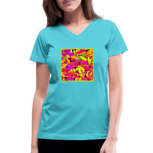 Vibrant NeonLeaf Elegance Pattern - Women's V-Neck T-Shirt
