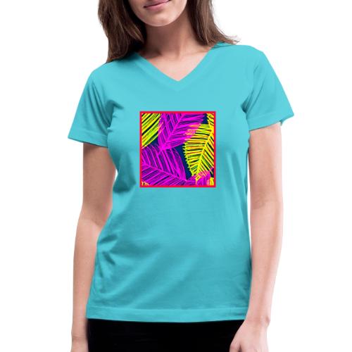 Neon Leaf Delight Chromatic Art - Women's V-Neck T-Shirt