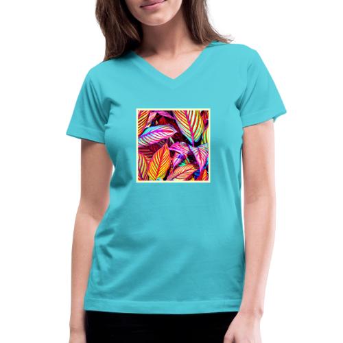 Striped Neon Leaves Design - Women's V-Neck T-Shirt