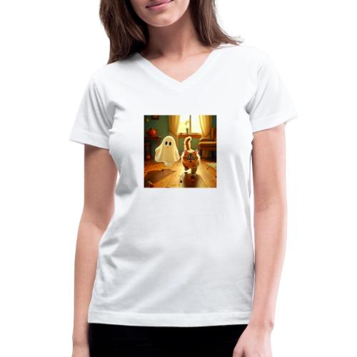 Funny Kitten Spooky Friend - Women's V-Neck T-Shirt