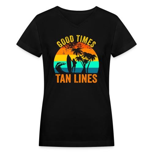 Vintage Beach Surfer Girl, Sunset with Palm Trees - Women's V-Neck T-Shirt