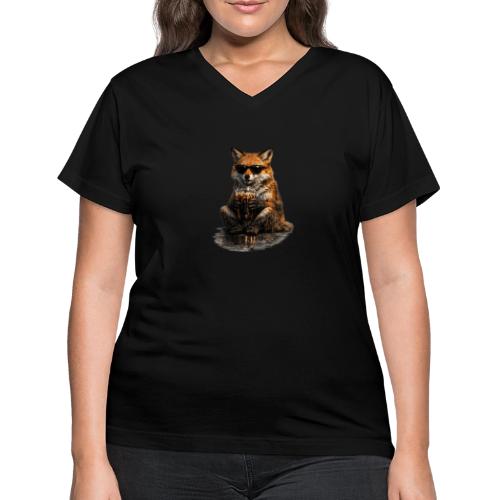 Cool Red Fox Wearing Sunglasses Drinking Coffee - Women's V-Neck T-Shirt