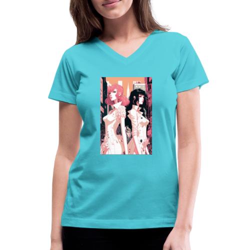Pink and Black - Cyberpunk Illustrated Portrait - Women's V-Neck T-Shirt
