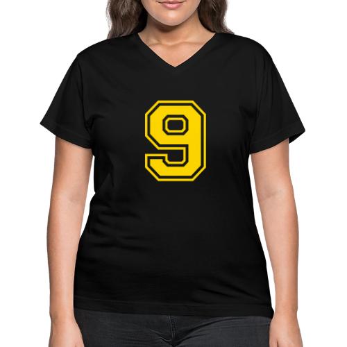 Number 9 in a classic athletic collegiate font - Women's V-Neck T-Shirt