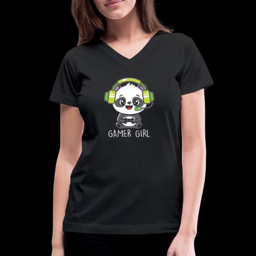 Cute Panda Gamer Girl - Women's V-Neck T-Shirt