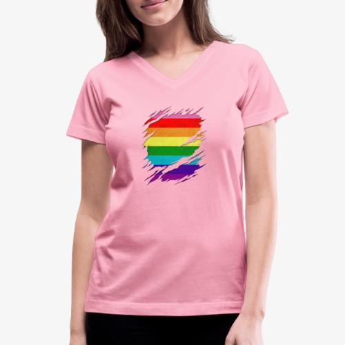 Original Gilbert Baker LGBT Gay Pride Flag Ripped - Women's V-Neck T-Shirt