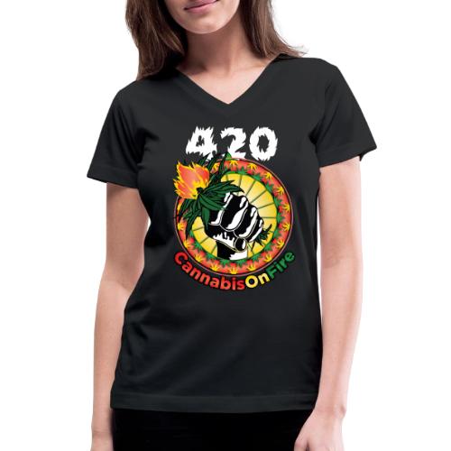 Whimsical 420 OnFire Time Weed Marijuana Design - Women's V-Neck T-Shirt