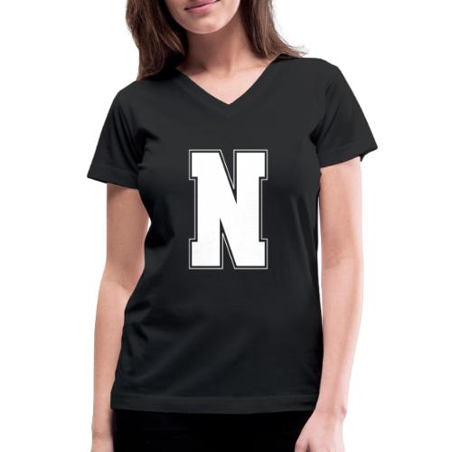White Letter N – Varsity Alphabet Monogram - Women's V-Neck T-Shirt