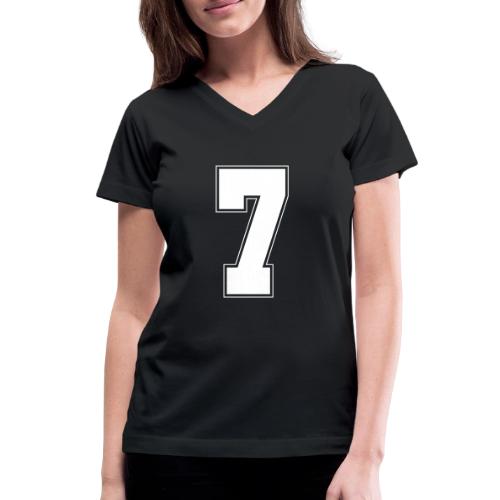 White Number 7 – Varsity Font - Women's V-Neck T-Shirt