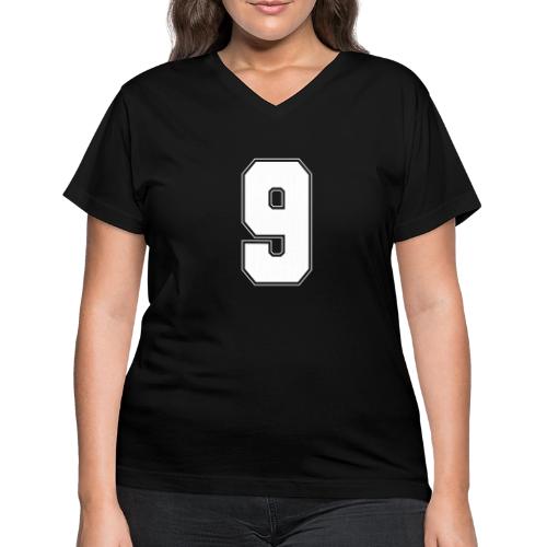 White Number 9 – Varsity Font - Women's V-Neck T-Shirt