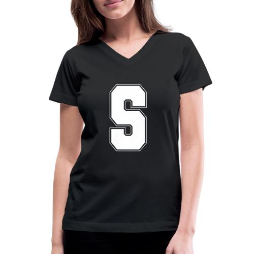 White Letter S – Varsity Alphabet Monogram - Women's V-Neck T-Shirt