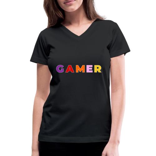 Multicolor GAMER Typography Design - Women's V-Neck T-Shirt