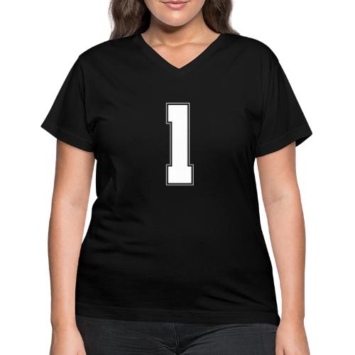White Number 1 – Varsity Font - Women's V-Neck T-Shirt