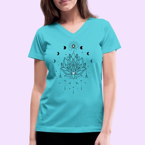 Third Eye Black Lotus Flower - Moon Cycle Design - Women's V-Neck T-Shirt