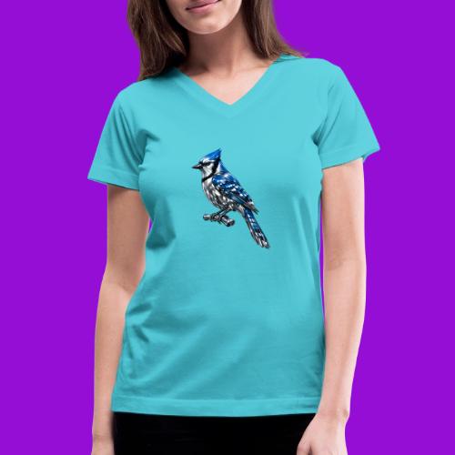 Silver Blue Jay on Perch + Flight Stages 2-print - Women's V-Neck T-Shirt