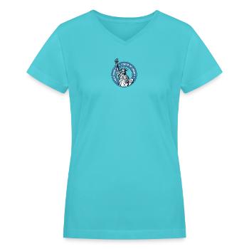 Liberty Emblem Circular Badge - Women's V-Neck T-Shirt - aqua - Front - Julia (174cm)