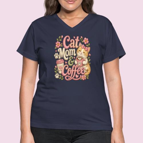 Cat Mom & Coffee Faux Stitched Cat Lover Design - Women's V-Neck T-Shirt