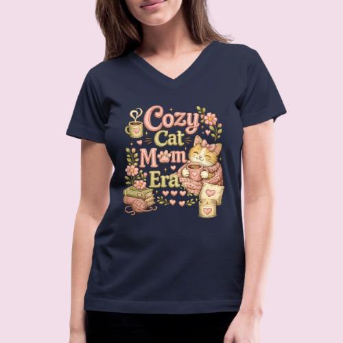 Cozy Cat Mom Era Faux Stitched Design - Women's V-Neck T-Shirt