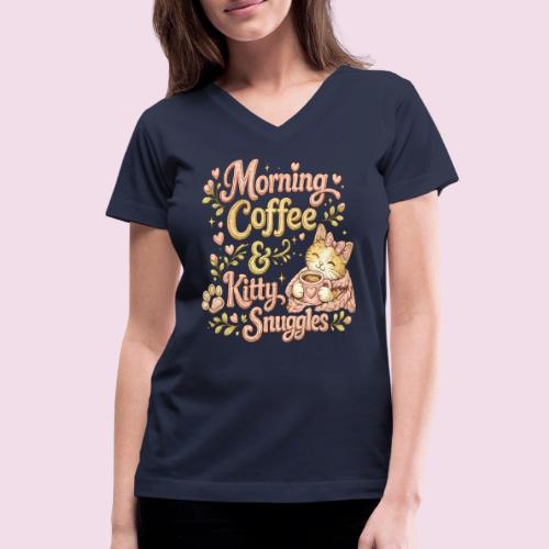 Morning Coffee & Kitty Snuggles Faux Stitched - Women's V-Neck T-Shirt