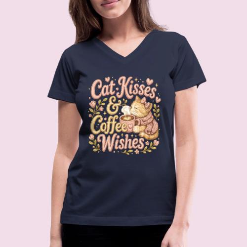 Cat Kisses & Coffee Wishes Faux Stitched - Women's V-Neck T-Shirt