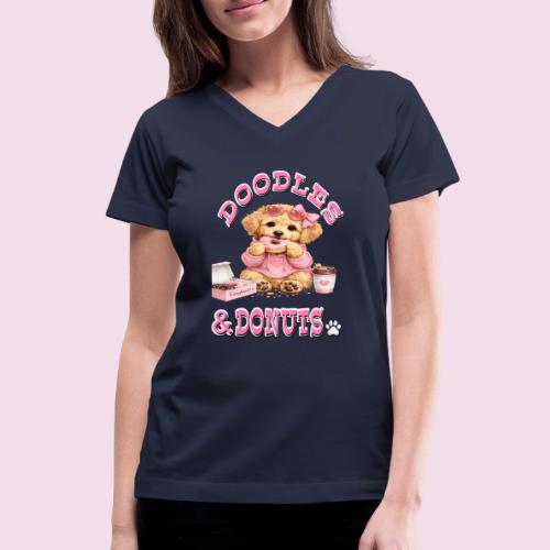 Doodles & Doughnut Cozy Dog Mom Design - Women's V-Neck T-Shirt
