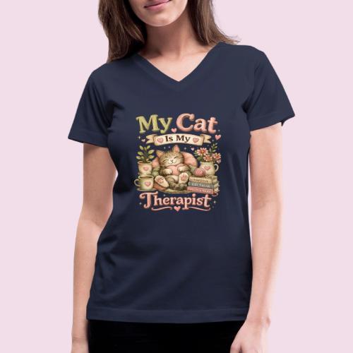 Flux Faux Embroidery My Cat Is My Therapist Design - Women's V-Neck T-Shirt