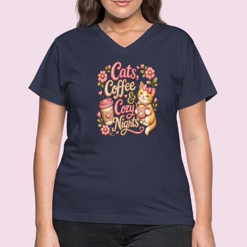 Cats, Coffee & Cozy Nights Faux Stitched Design - Women's V-Neck T-Shirt