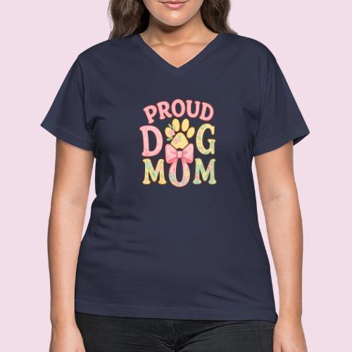 Proud Dog Mom Floral Paw Bow - Women's V-Neck T-Shirt